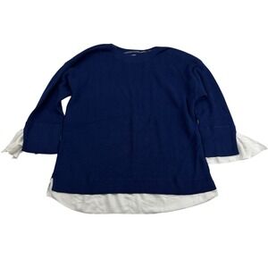 Chico's Blue Cable Knit Sweater Round Neck 3/4 Sleeve Chiffon Detail Sz L (2)